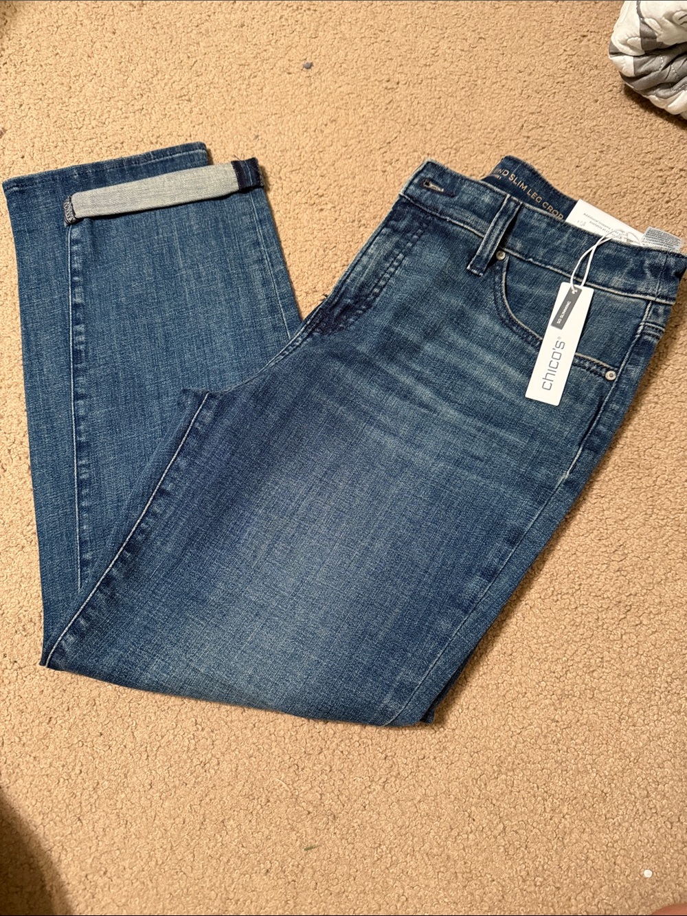 Chico's Dark Blue Slim Girlfriend Jeans can cuff or unroll with stretch